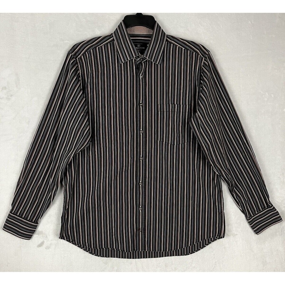 Bugatchi Uomo Shirt Men Large Brown Button Up Stripes Flip Cuff Pocket Preppy
